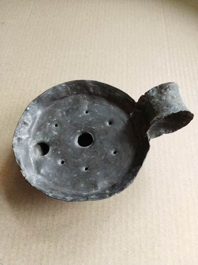 English late medieval pewter Candle Lantern devoid of its hexagonal horn-windowed dome